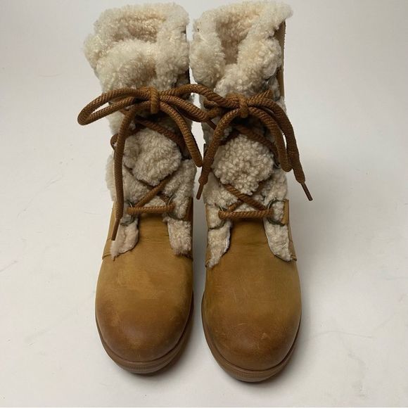 Sorel Joan of Arctic Mid Lace Up Wedge Elk Camel Brown Leather Shearling Lux 7.5 - Picture 3 of 6